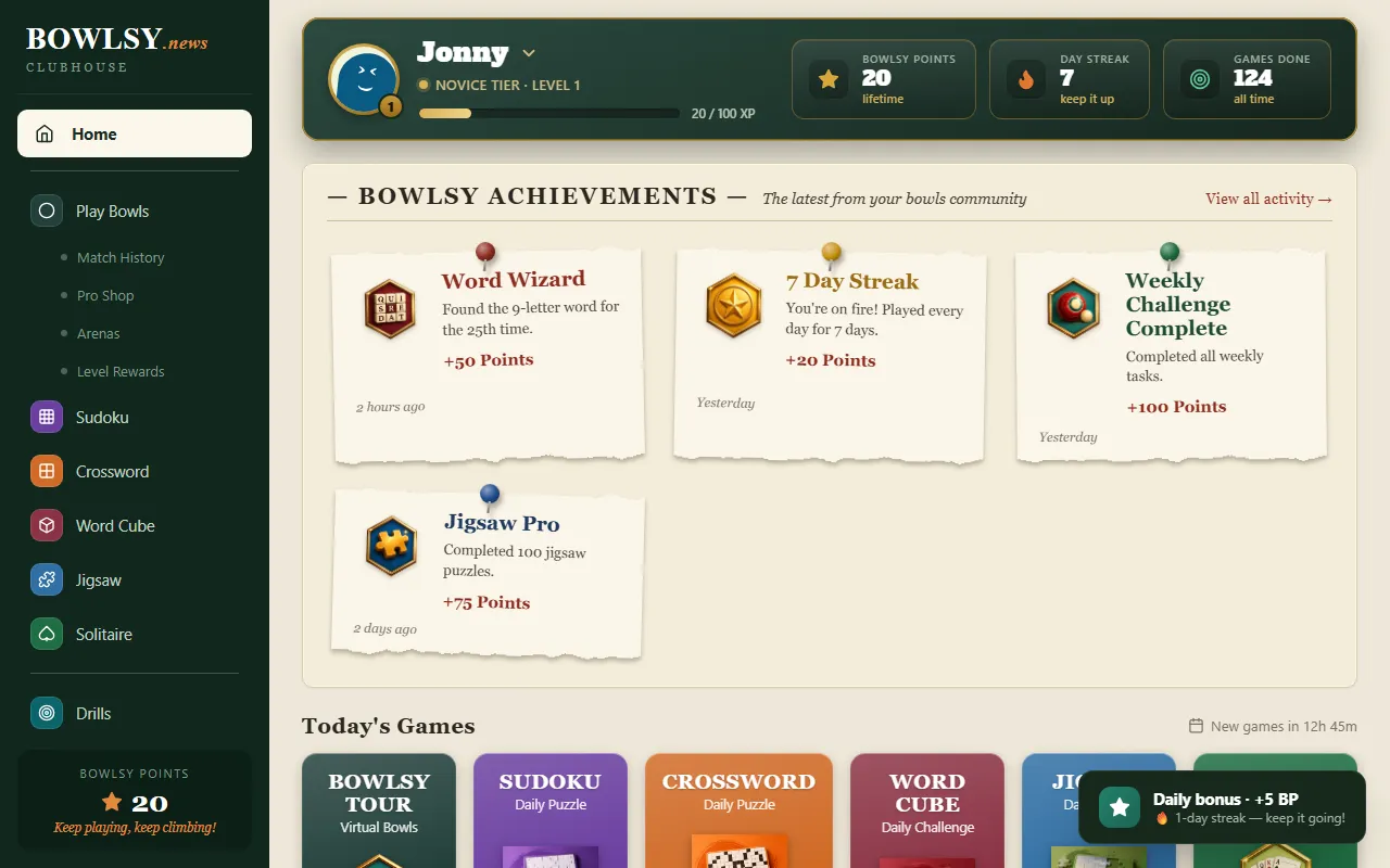 The Clubhouse home with achievements, today's games and weekly challenge