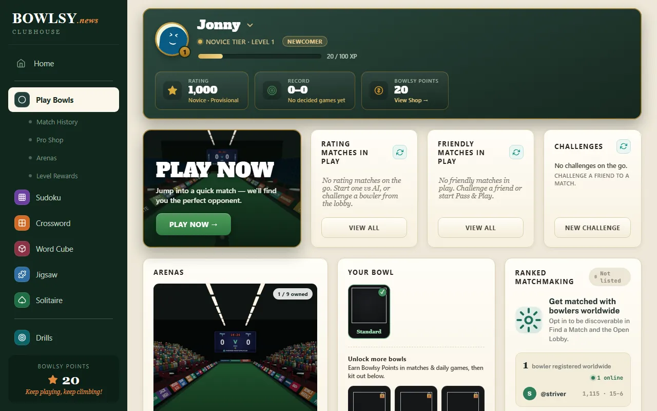 The Bowlsy Tour lobby with practice, vs AI, online opponents and pass-and-play modes