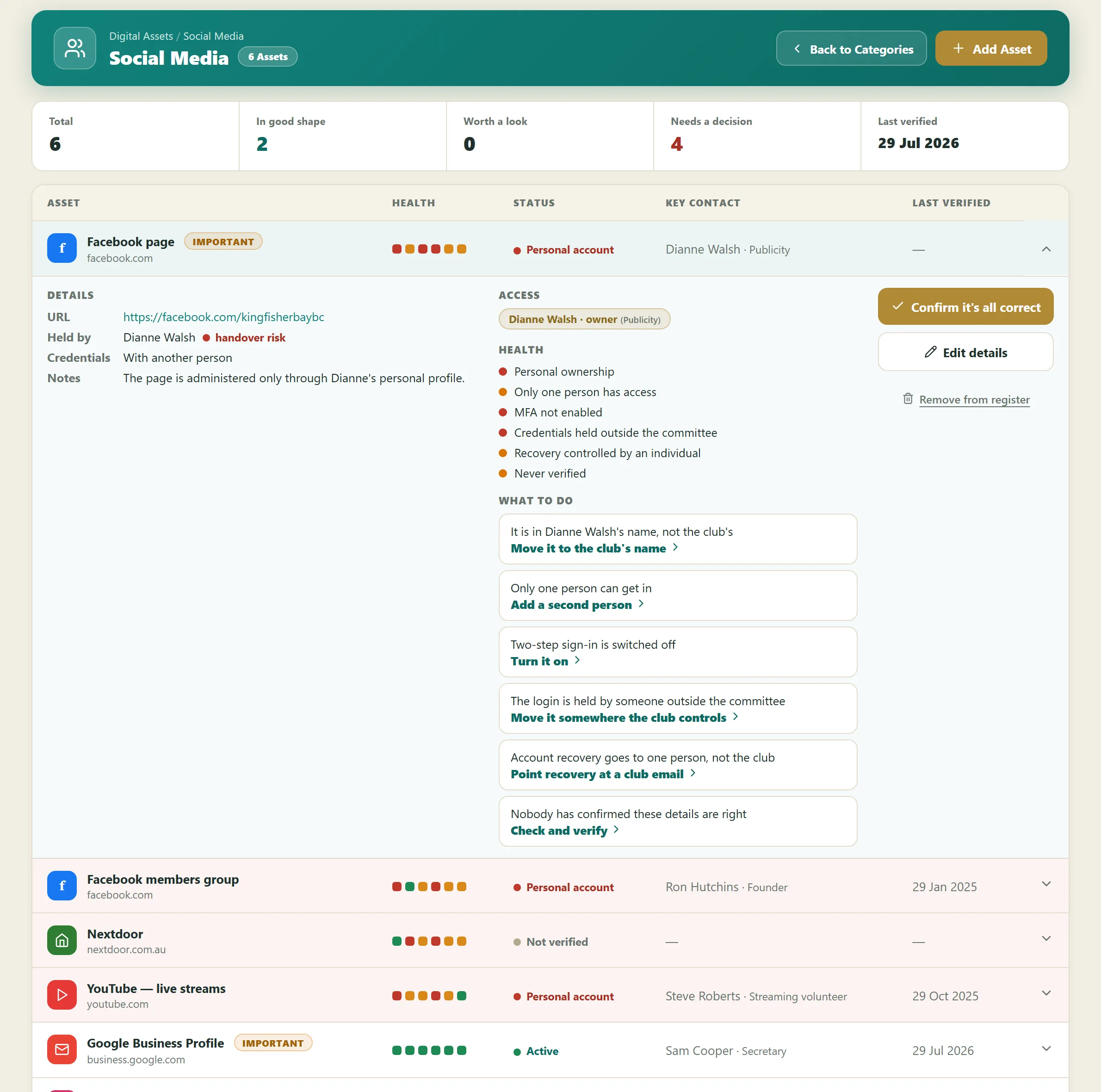 A category page with the Facebook page opened: who holds it, who can get in, six health checks, and a What to do list of fixes