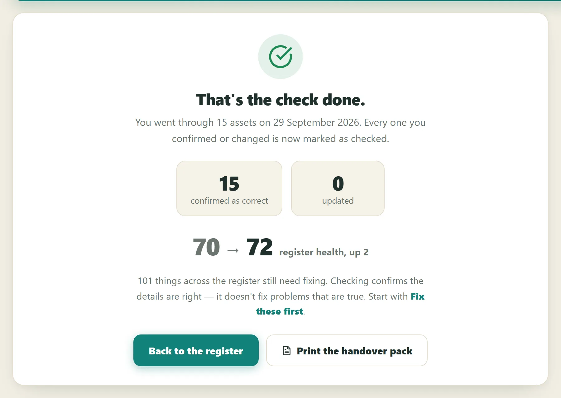 The health check complete screen: 14 confirmed, 1 updated, register health up from 70 to 72