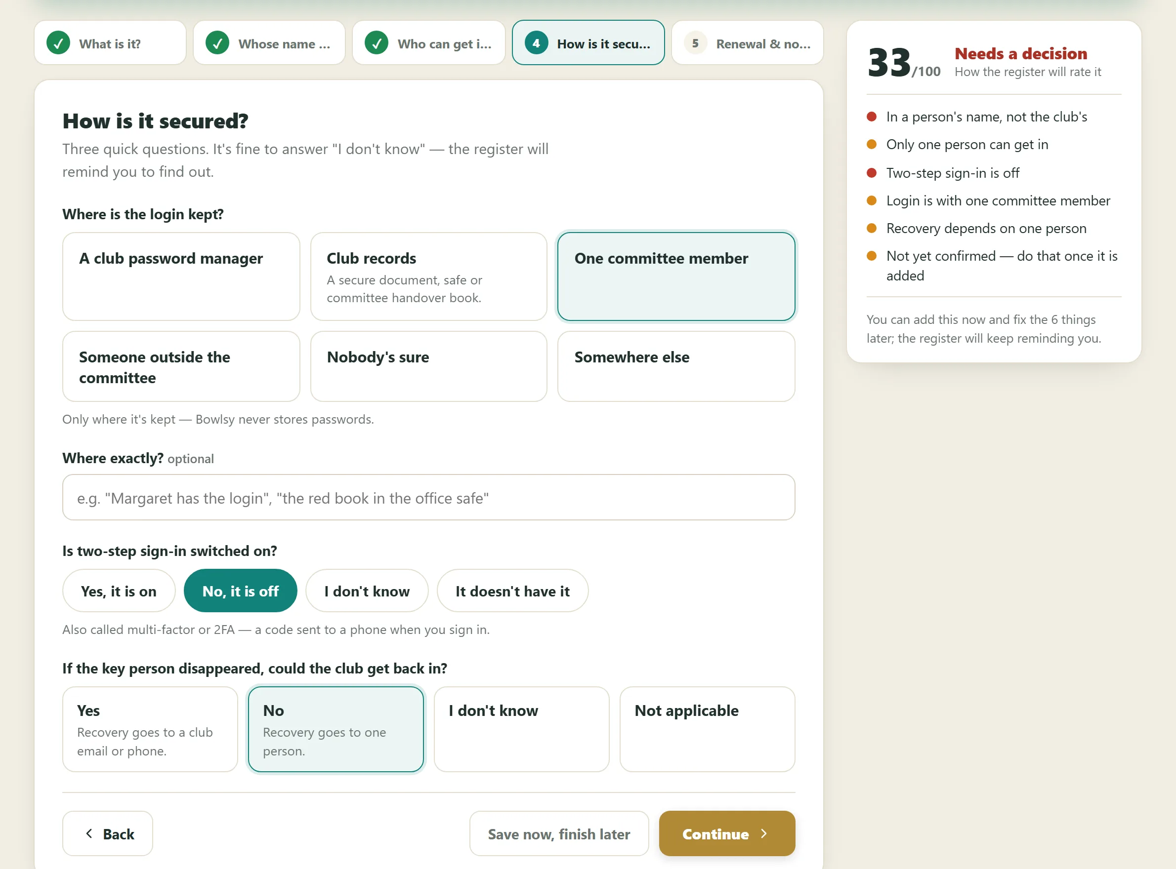 Adding an account, step four: where the login is kept, whether two-step sign-in is on and whether the club could get back in, with a live health score of 33 beside it