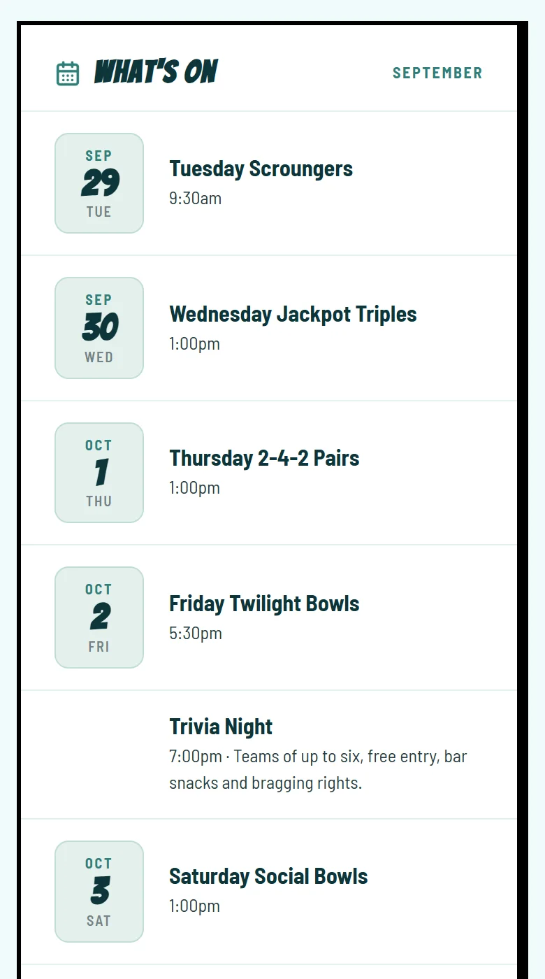The same newsletter on a phone: What's On, filled in from the club calendar