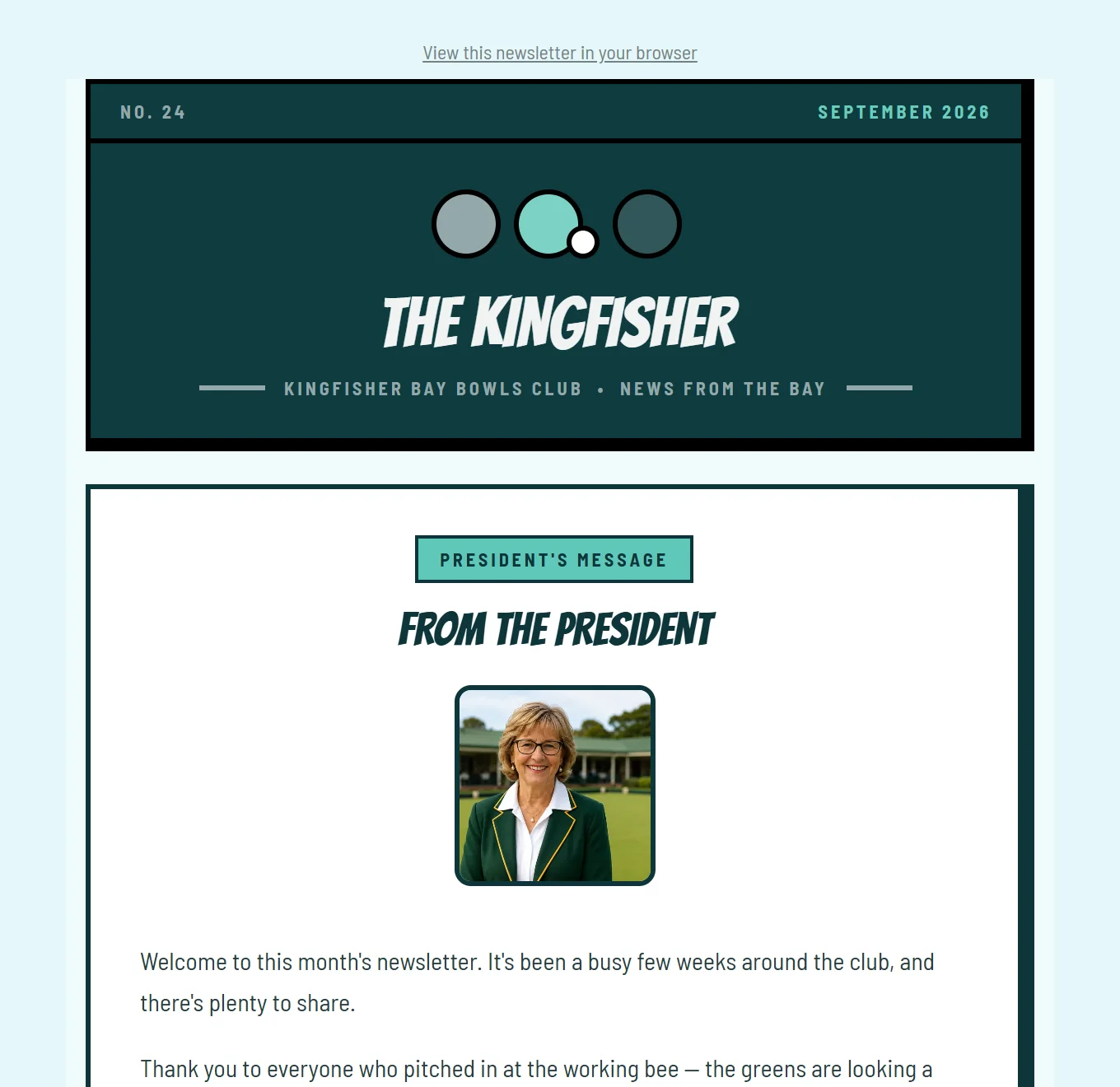A Bowlsy newsletter in the inbox: The Kingfisher, September 2026, with the president's message