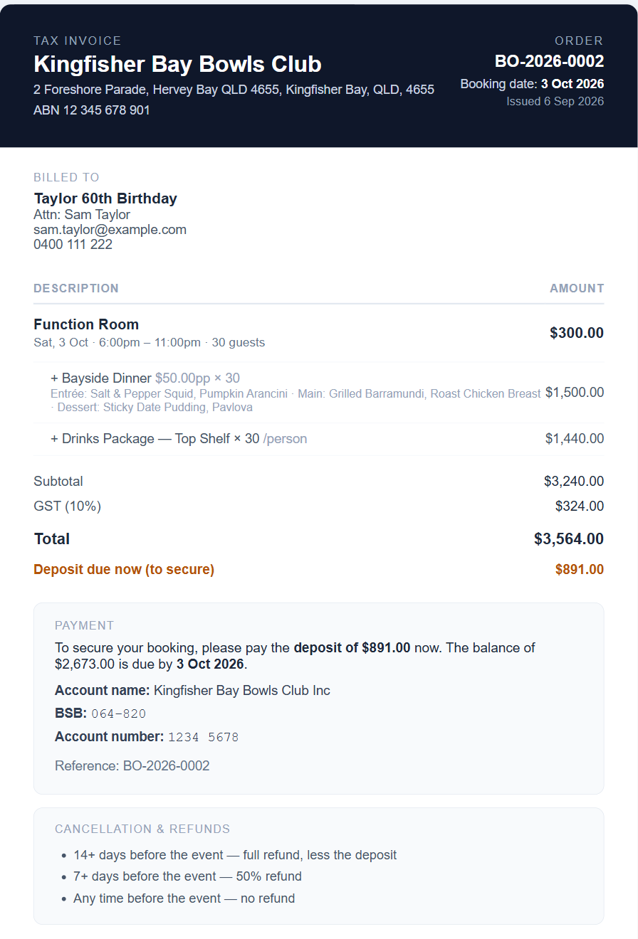 A Bowlsy tax invoice — function room, Bayside Dinner menu itemised, Top Shelf drinks, GST, deposit due now, bank details with reference