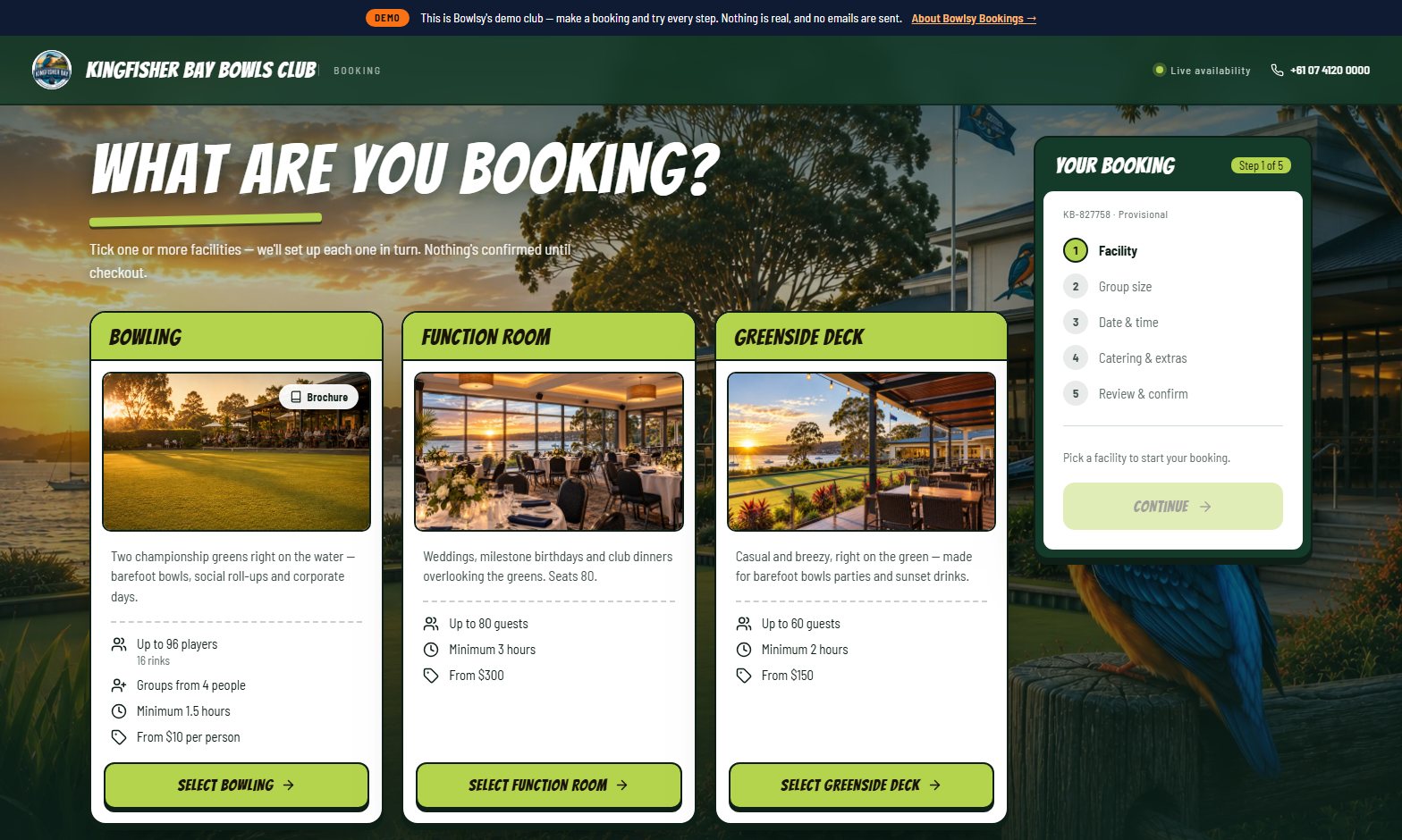 Step one of the online booking form for Kingfisher Bay Bowls Club: choose a facility — bowling, function room or greenside deck — with live availability and a running booking summary