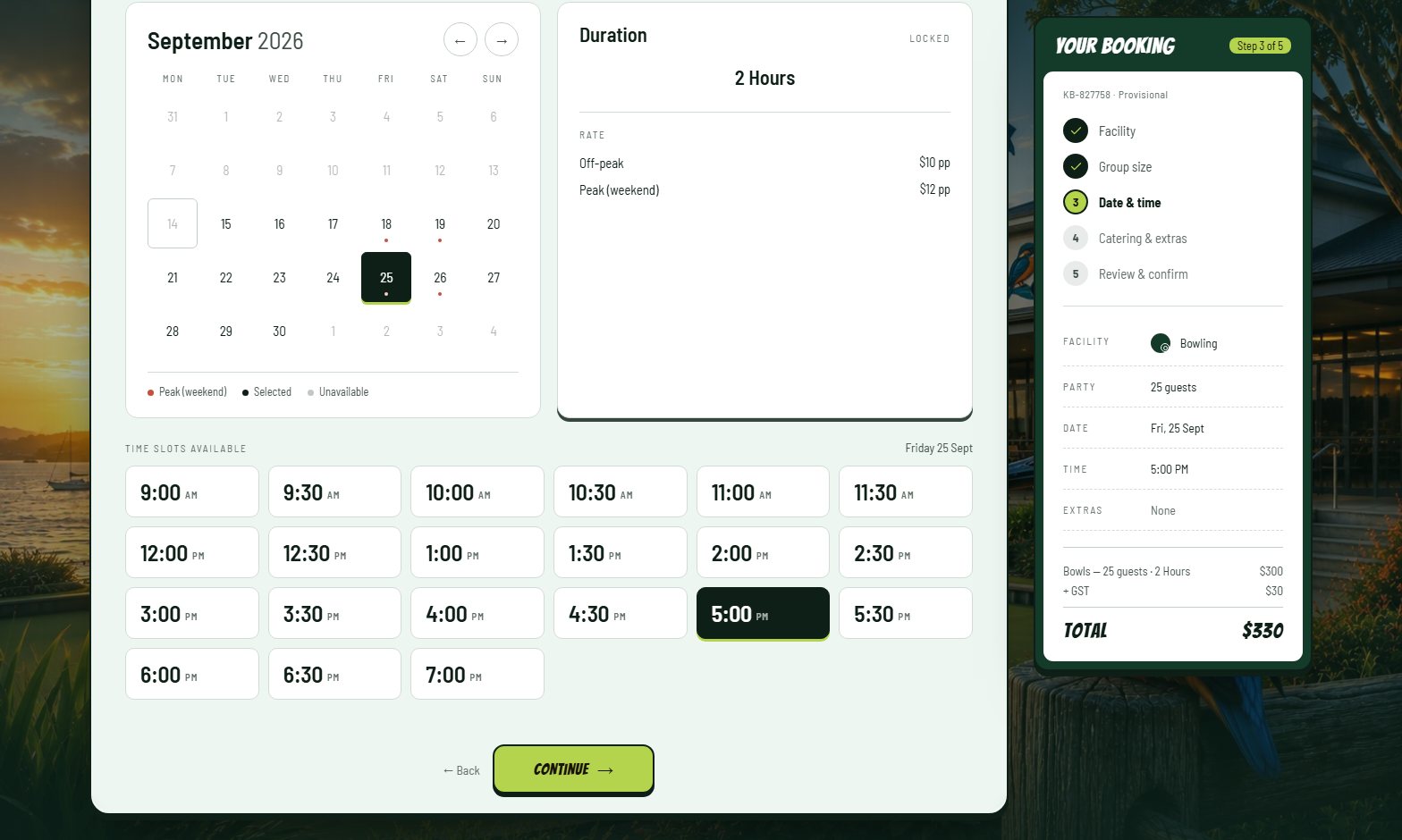 Date and time step — live calendar, peak days marked, off-peak and peak rates, running total