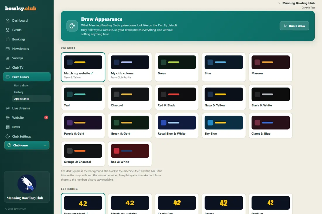 The Prize Draws Appearance screen in the Bowlsy dashboard, showing colour palettes and font packs