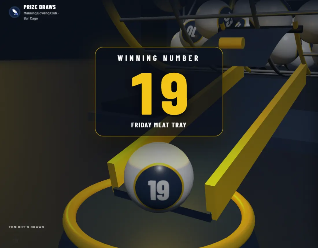 A Ball Cage draw called on the clubhouse screen, the winning number shown large with the prize beneath it