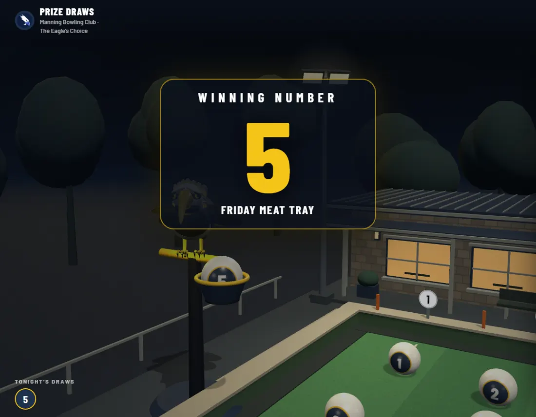 The Eagle's Choice draw on a clubhouse screen — the winning number 9 called, the club eagle on its perch with the numbered ball in the cup