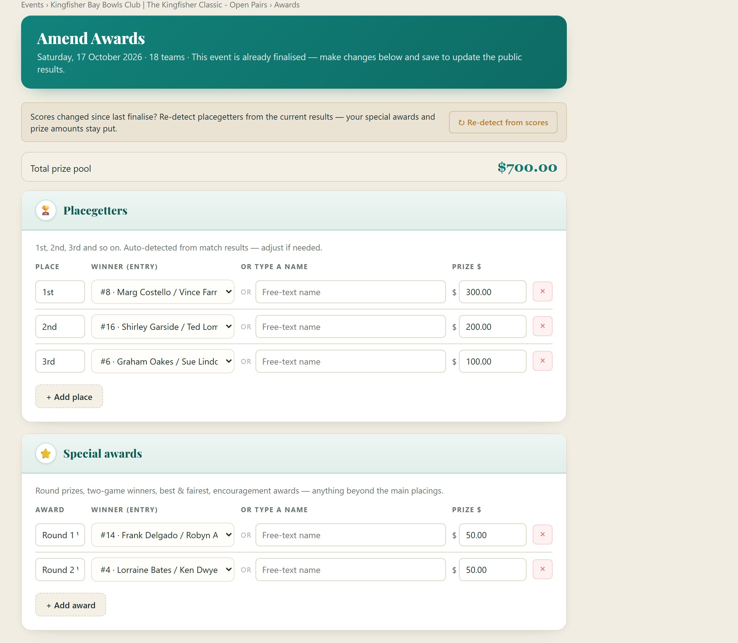 Amend Awards — total prize pool $700, Placegetters auto-detected from the results with prize amounts, and Special awards for round winners