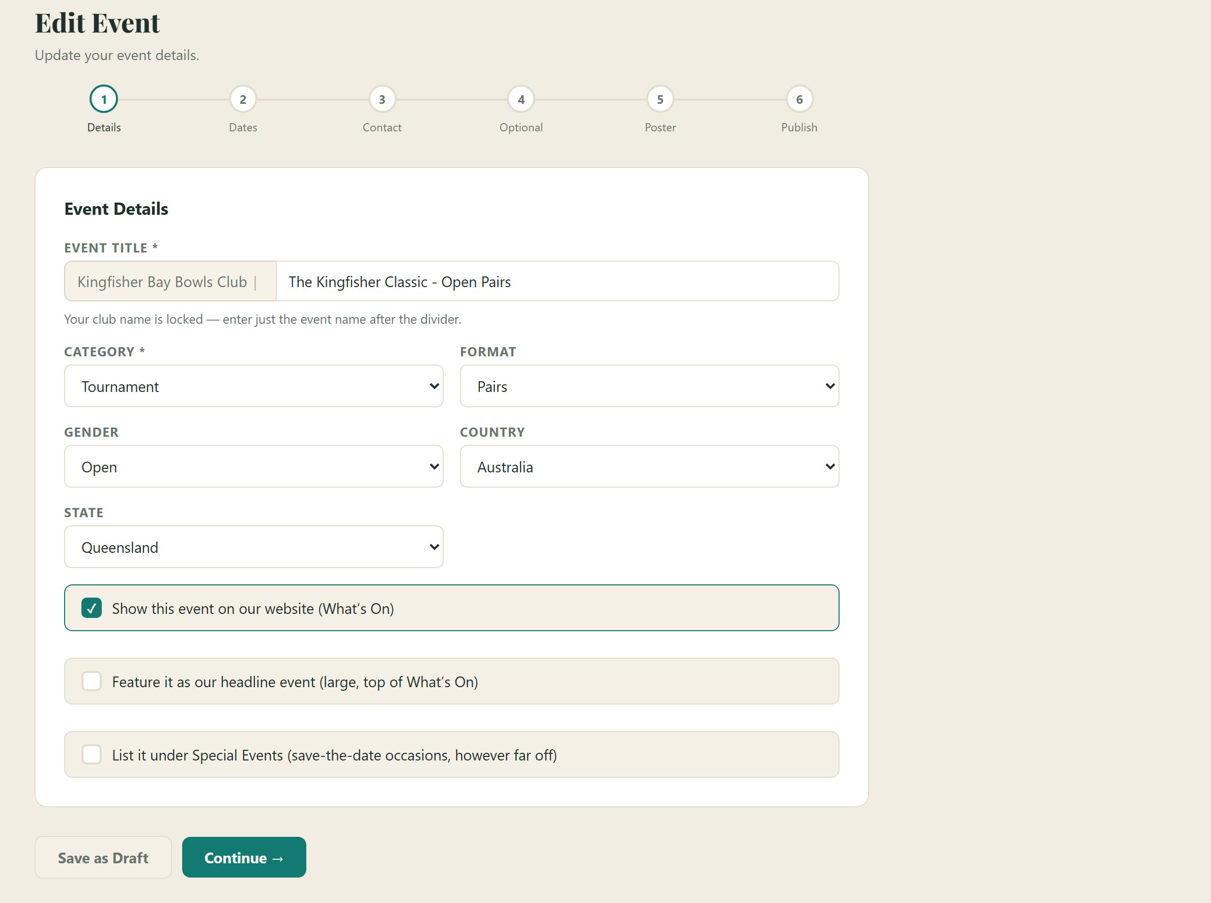 Step 1 of the event form — title, category, format, gender, and the website checkboxes: show on What's On, feature as headline, list under Special Events