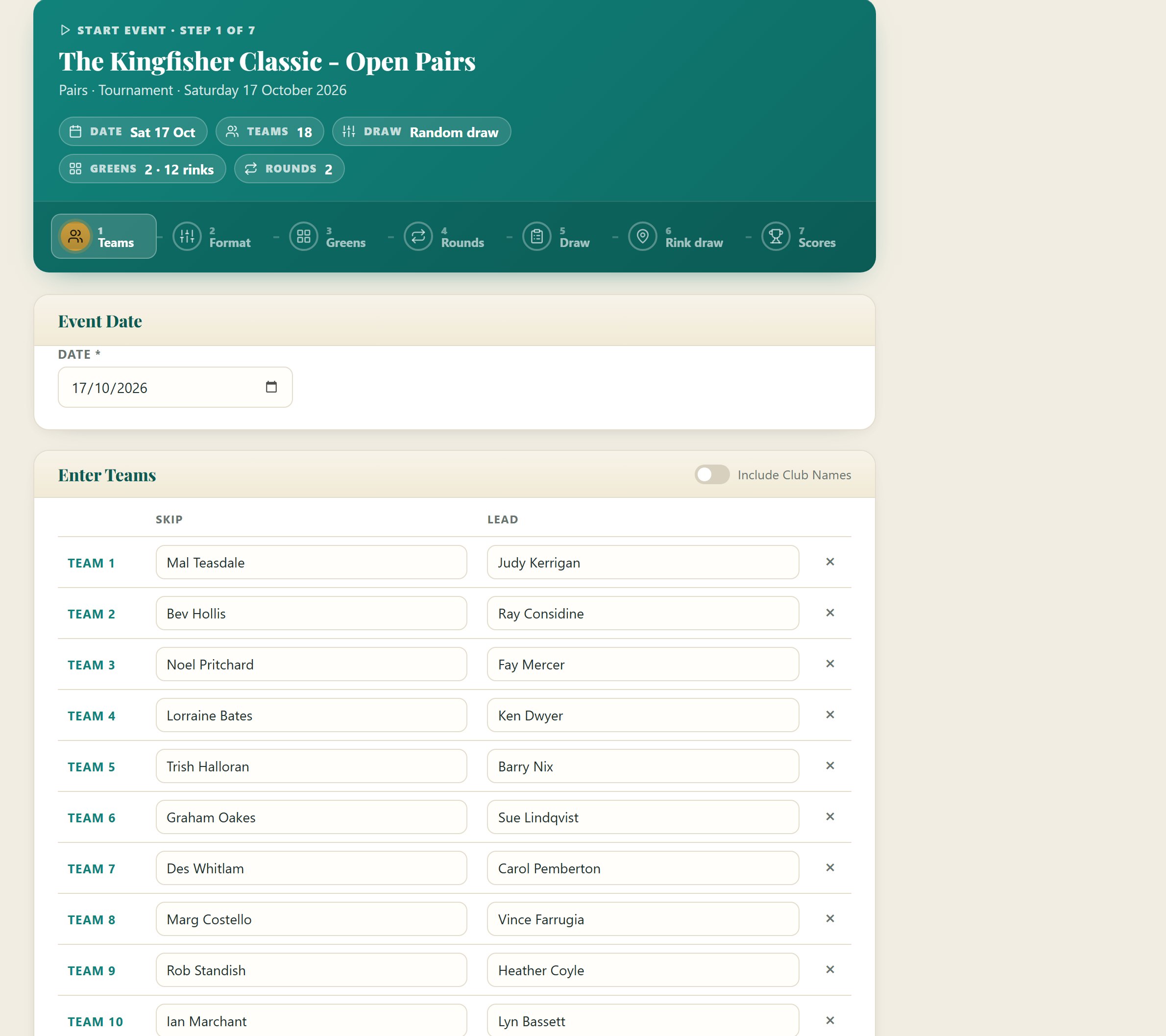 Start Event, step 1 Teams — event date and an Enter Teams table with Skip and Lead columns filled with eighteen pairs, and an Include Club Names switch