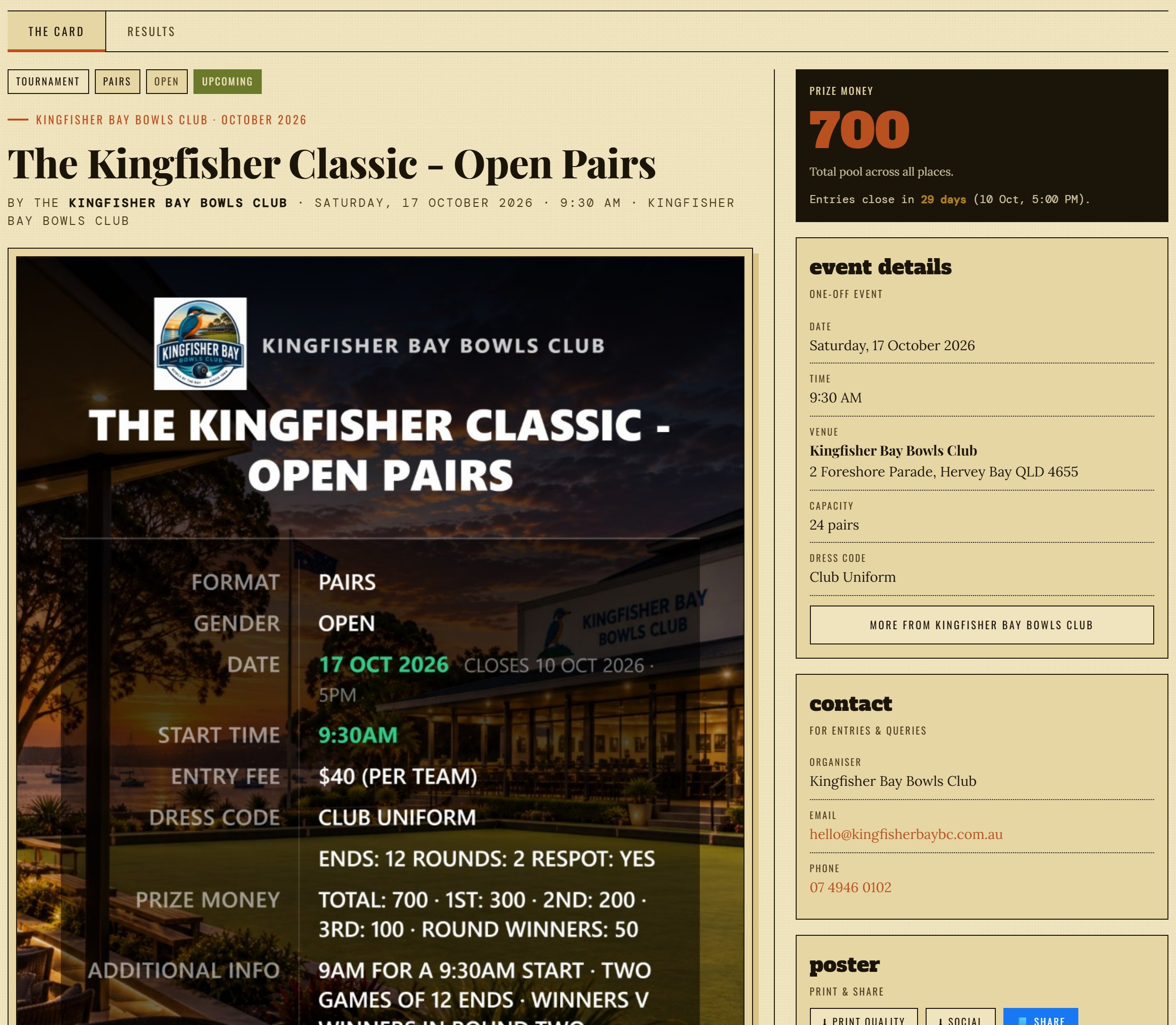 The Kingfisher Classic on the club's own website — the site's masthead and nav, the event details, a Get in touch panel, and the poster ready to tap full size