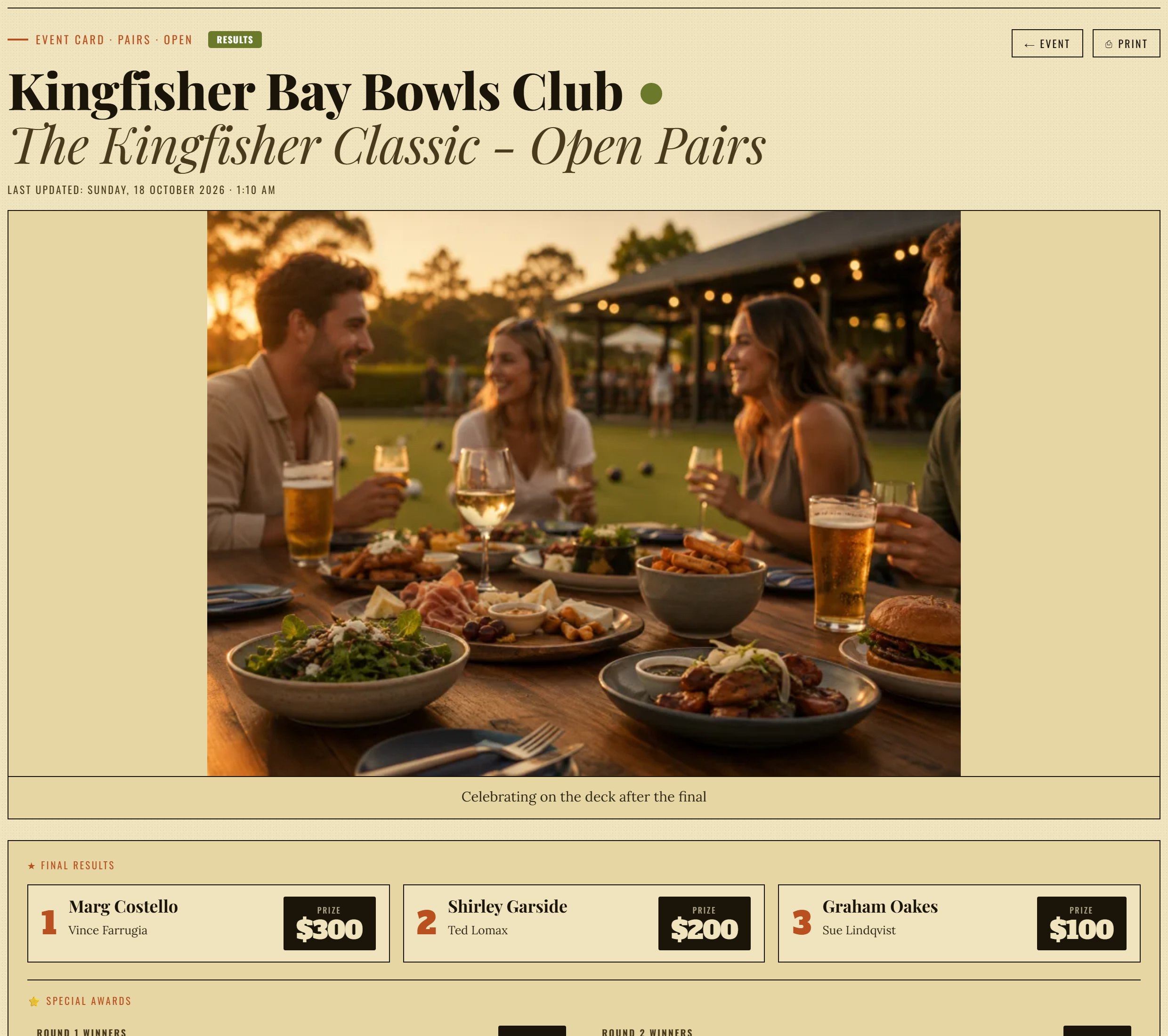 The Event Results section on the club website — the Kingfisher Classic card with Winners, Runners-up, Third and the round winners, in the site's own colours
