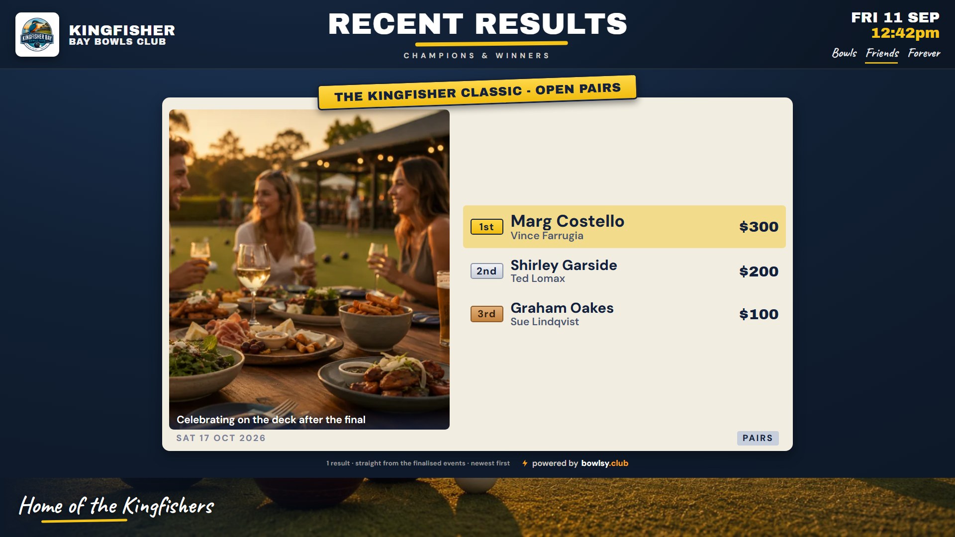 Club TV — Recent Results board: the Kingfisher Classic winners and runners-up with the trophy icon