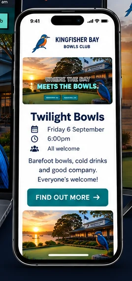 The club newsletter on a phone — Twilight Bowls, filled in from the club calendar