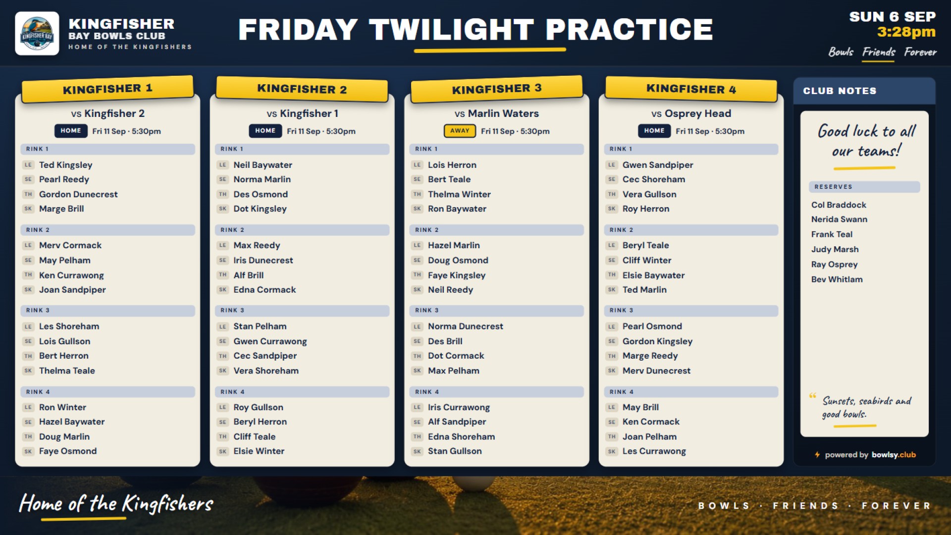 Club TV — Friday twilight practice — Teams Matchday board