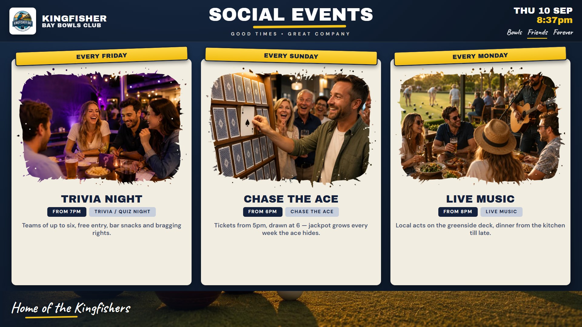 Club TV — social events board with photo cards